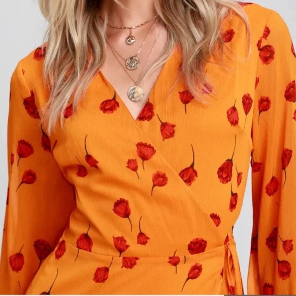 Lush Mareena Red Poppy Floral Wrap Long Sleeve Dress - Picture 6 of 12